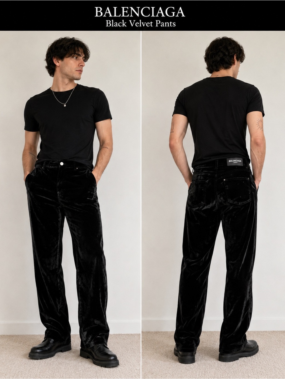 Authentic Balenciaga Black Velvet Straight-Leg Pants Made in Italy